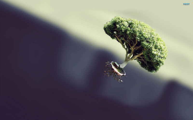 Floating Tree with House — Green