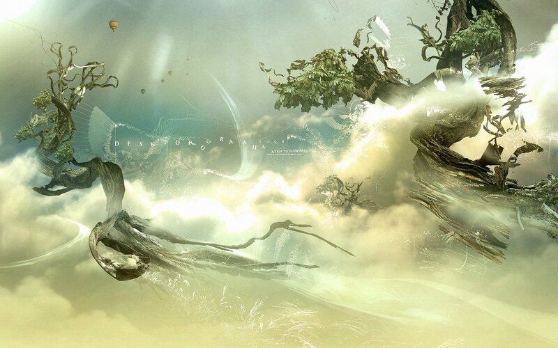 Floating Trees in Clouds — Green, Dreamy