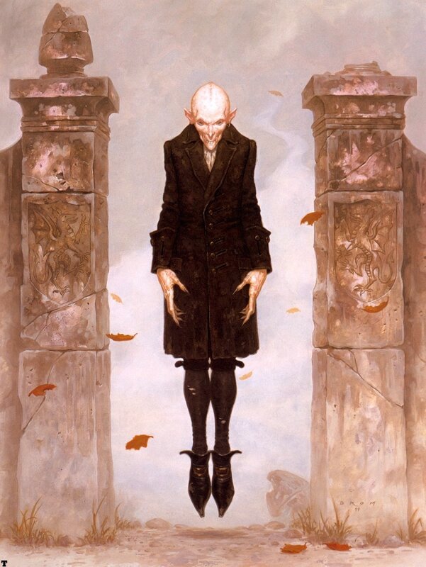 Floating vampire between stone pillars