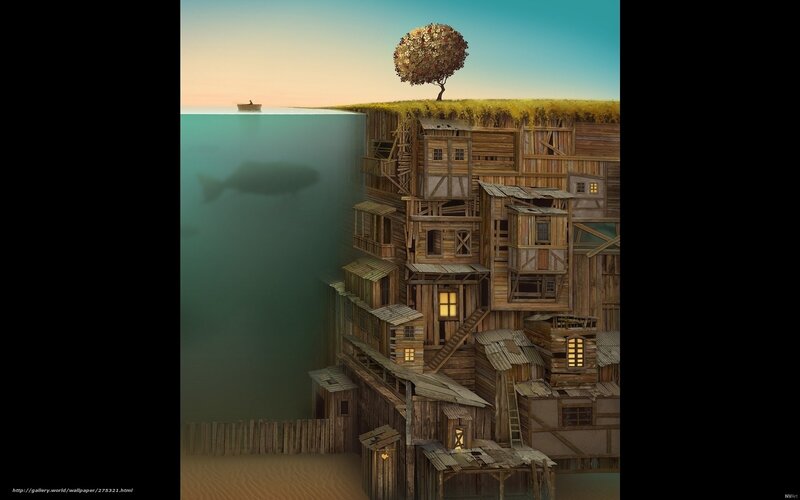 Floating village at sunset