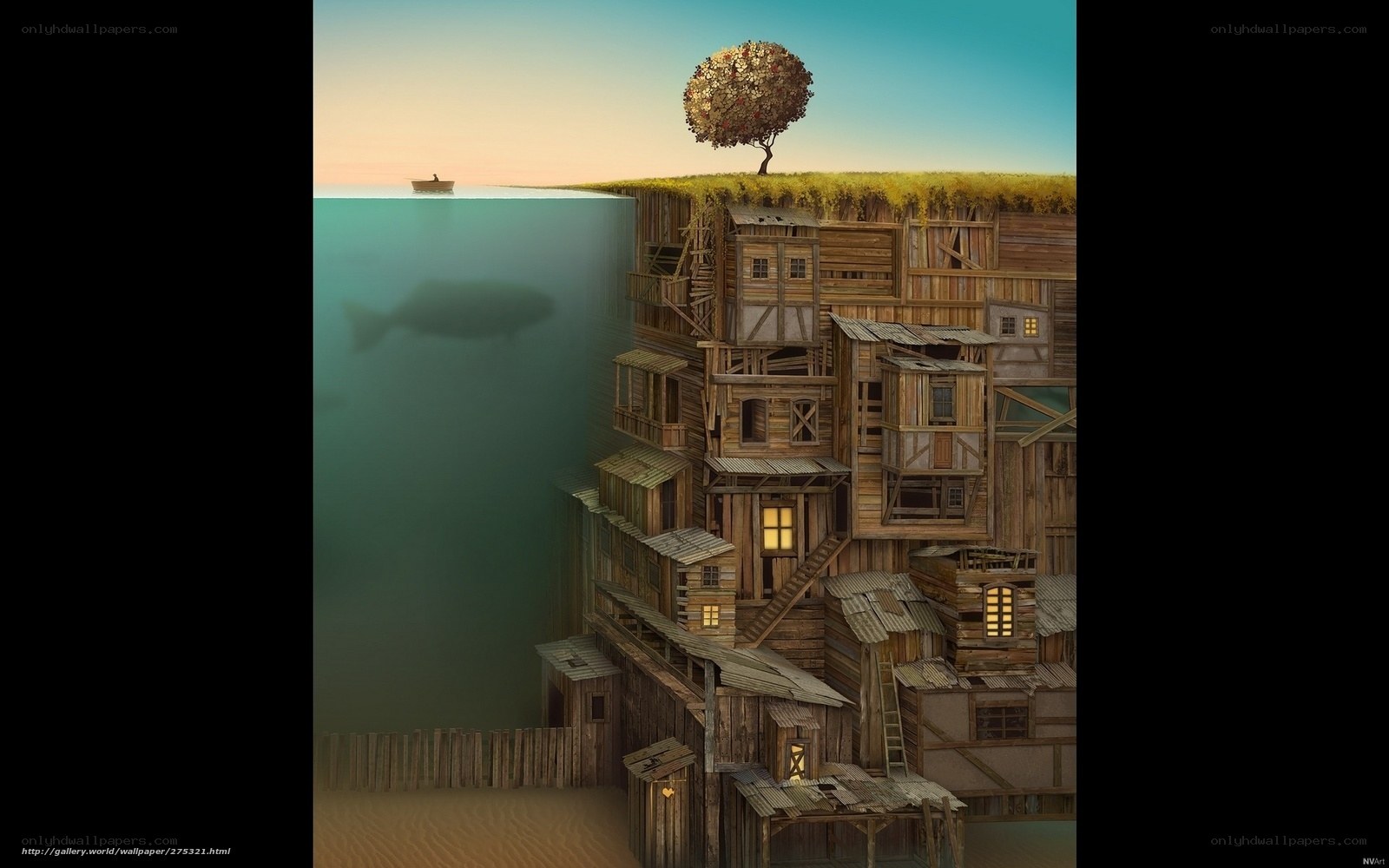 Floating village at sunset