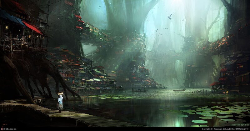 Floating village in a cavern