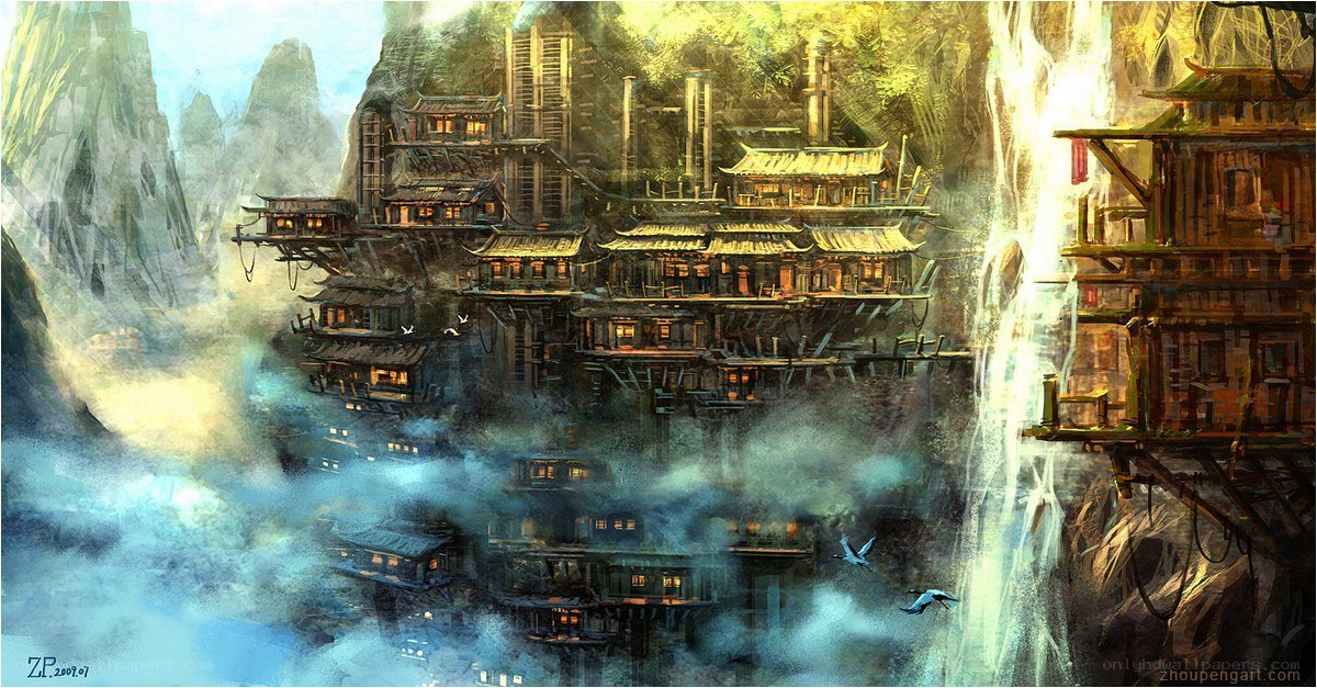 Floating village in mountain mist