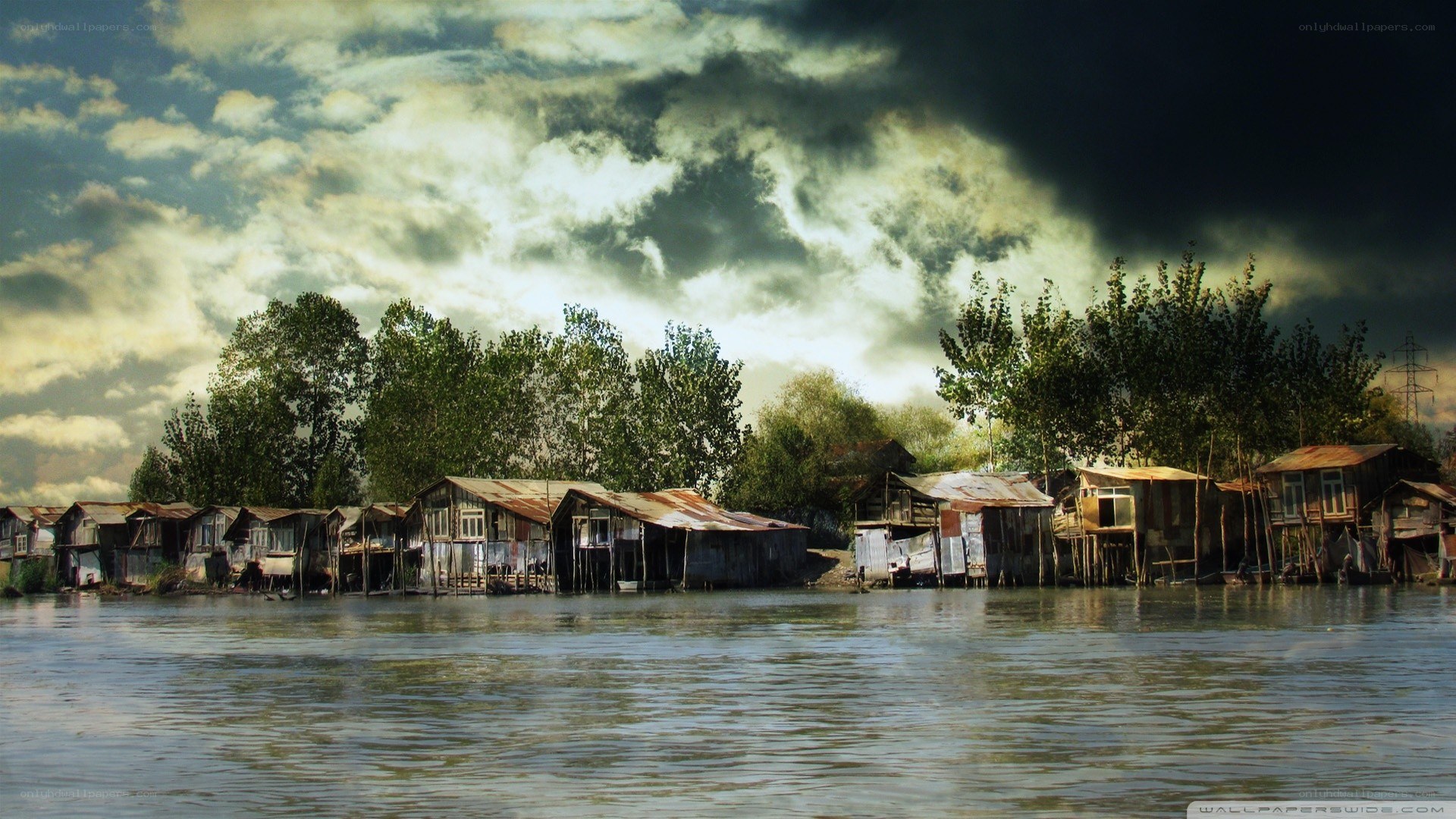Floating village on a lake