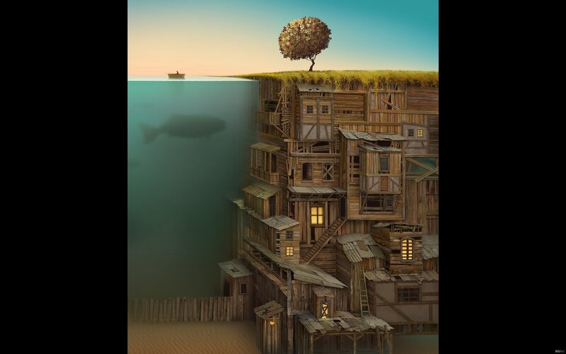 Floating village with tree