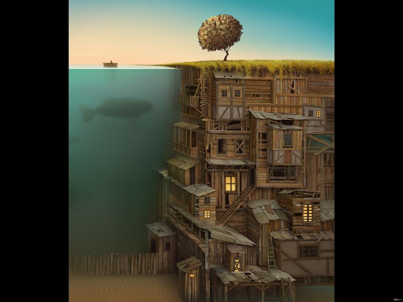 Floating village with tree