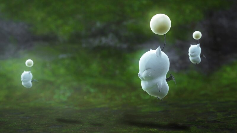 floating white creatures in a forest