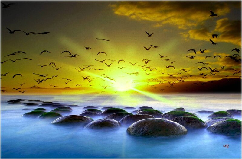 Flock of Birds at Sunset — Yellow, Dramatic