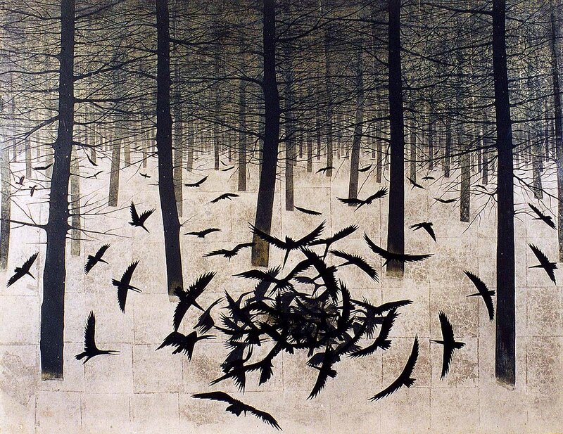 Flock of birds in a forest