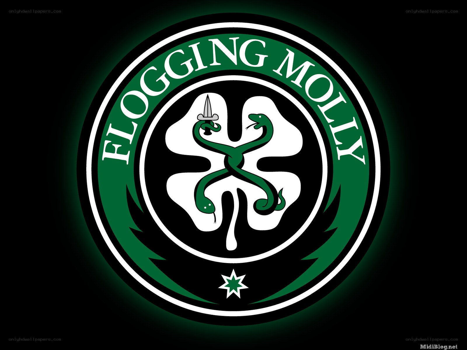 Flogging Molly logo with snake and sword
