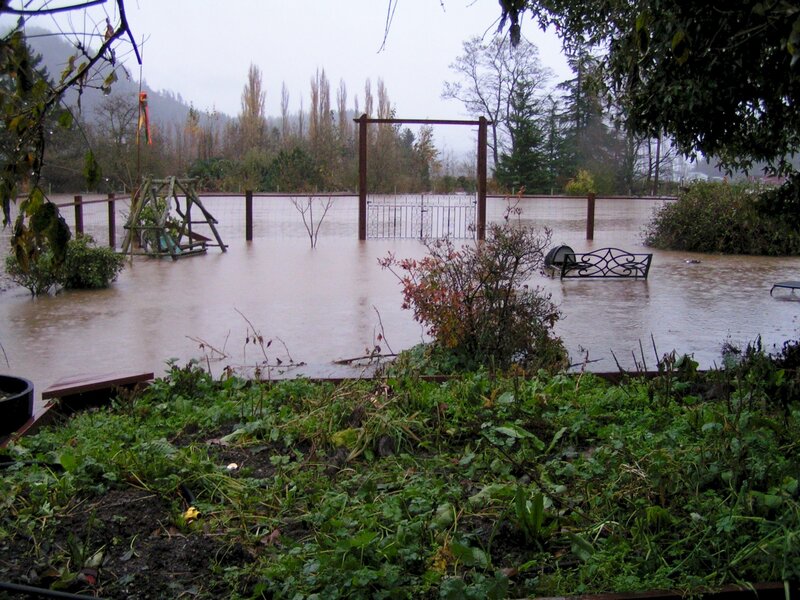 Flooded backyard with playground