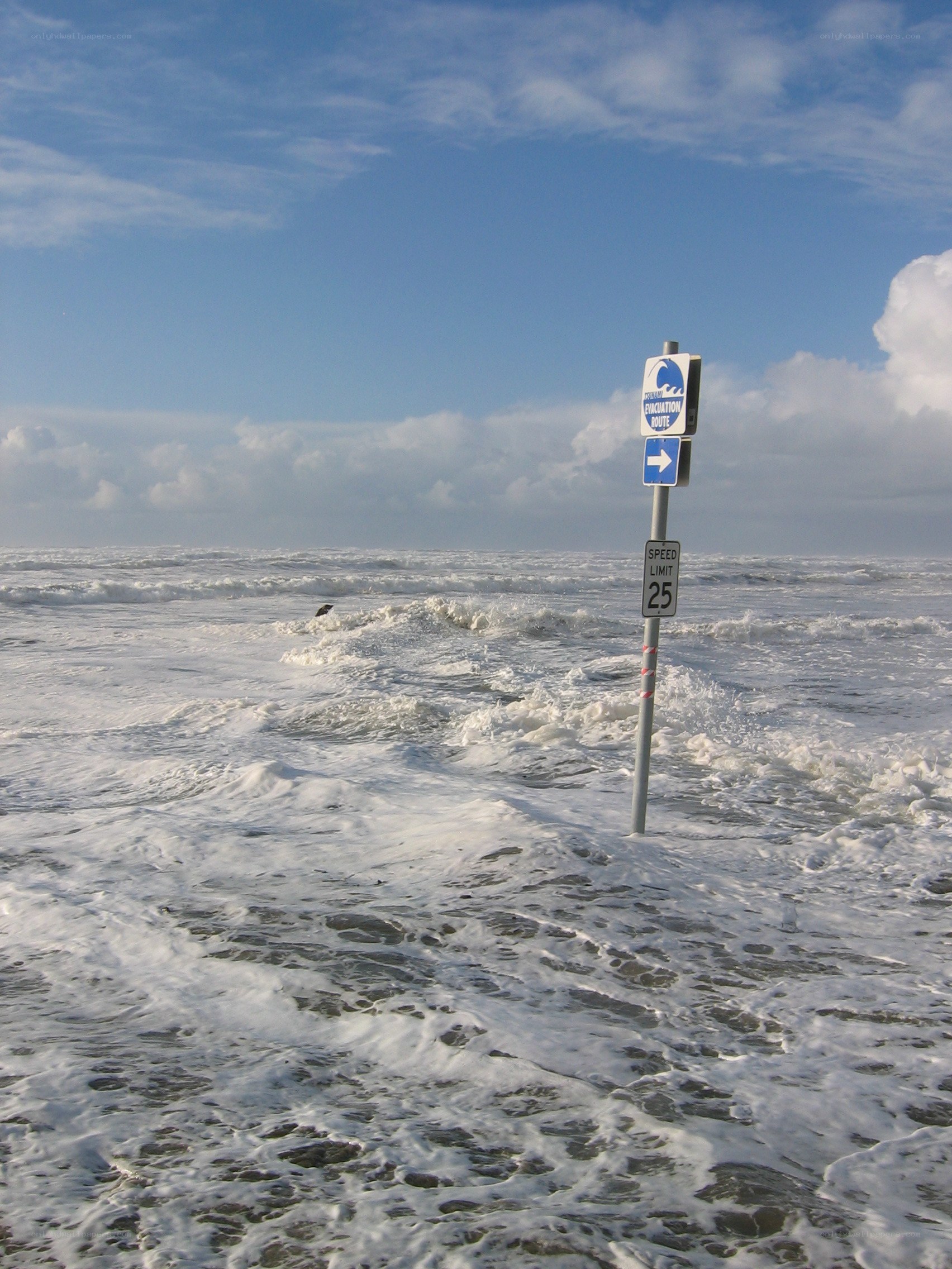 Flooded beach with evacuation sign