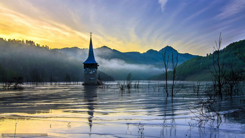 Flooded church at sunrise