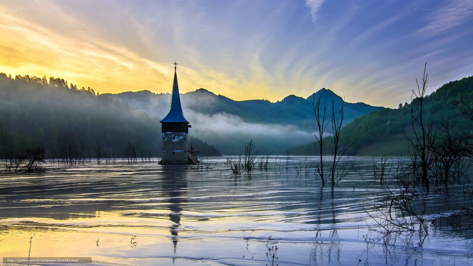 Flooded church at sunrise