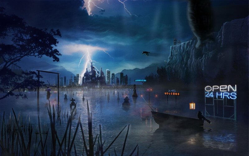 Flooded city at night