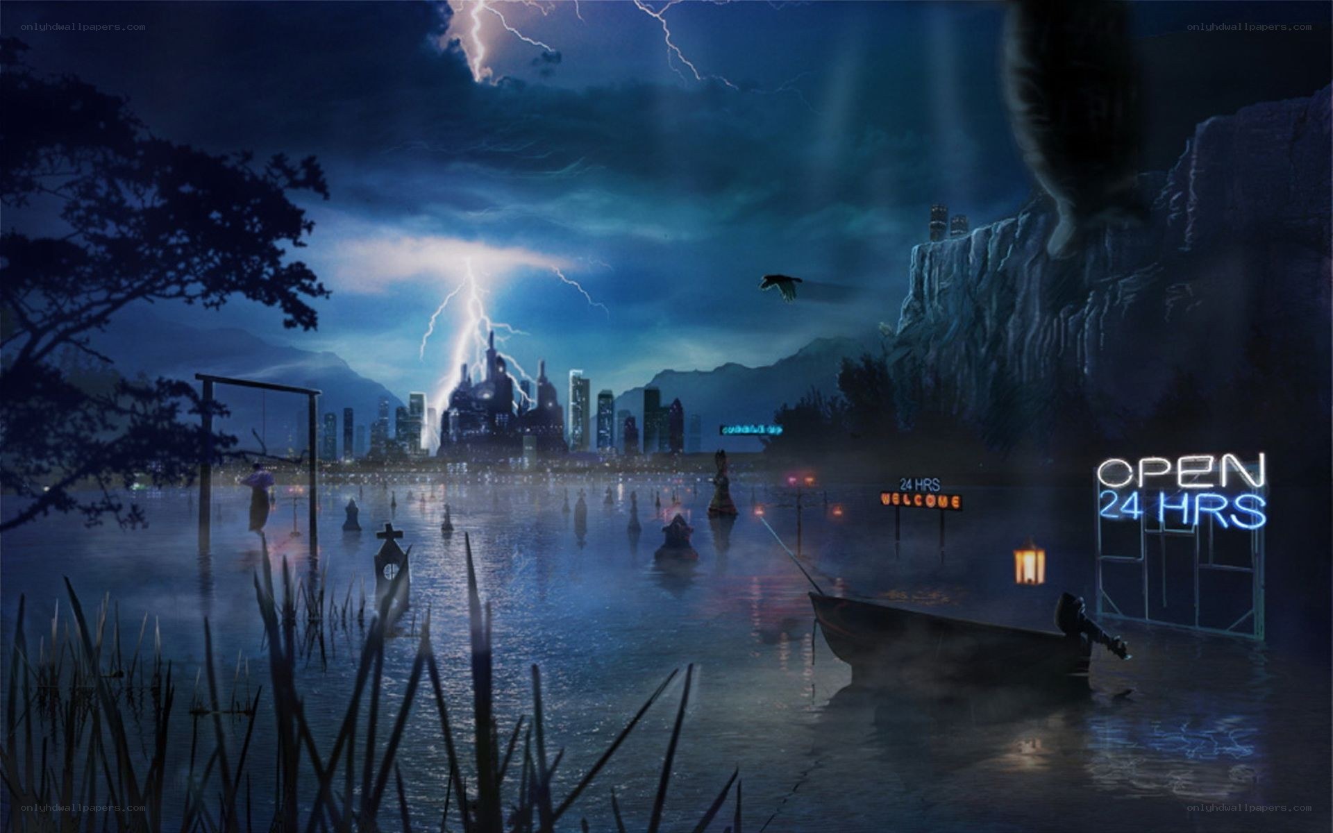 Flooded city at night