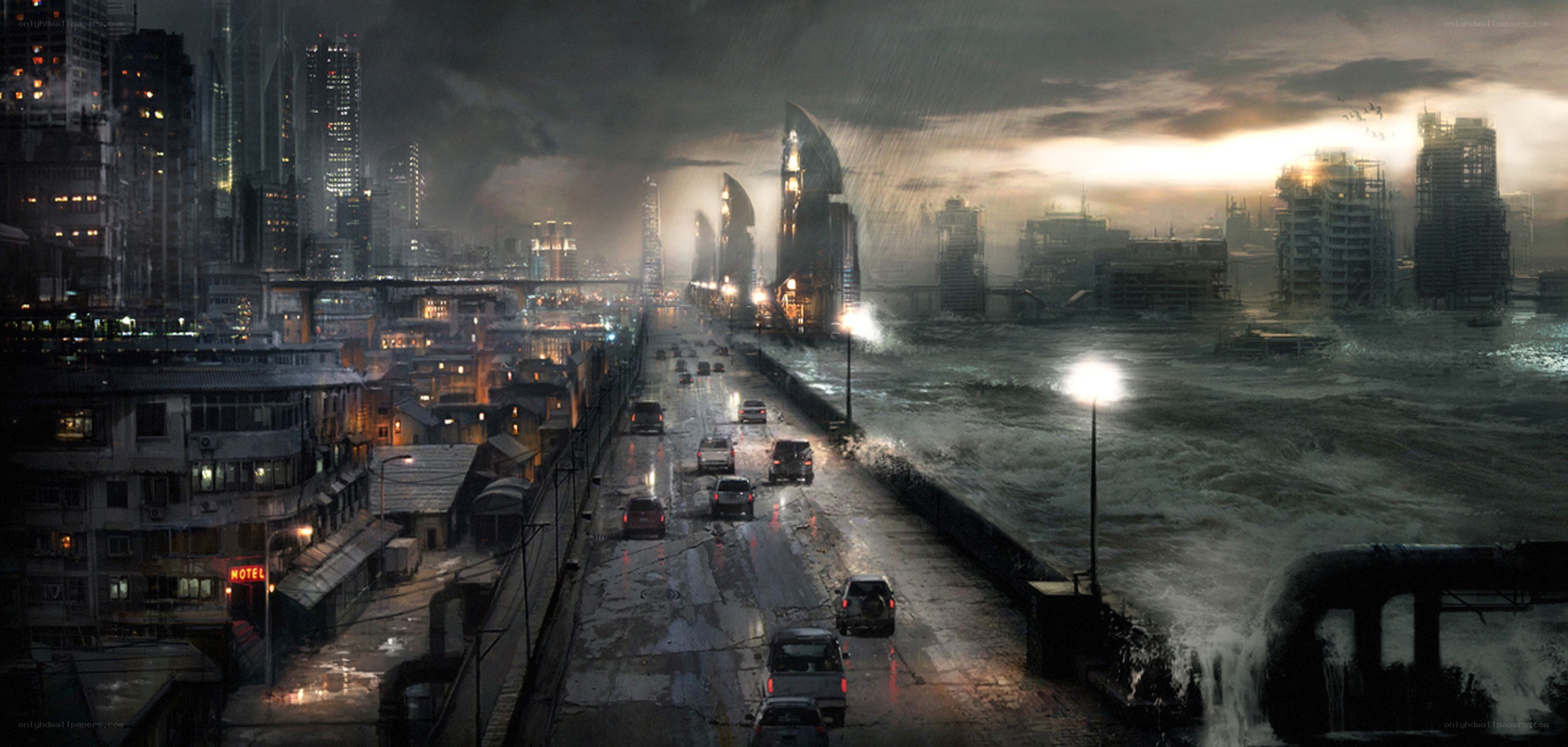 flooded city at night