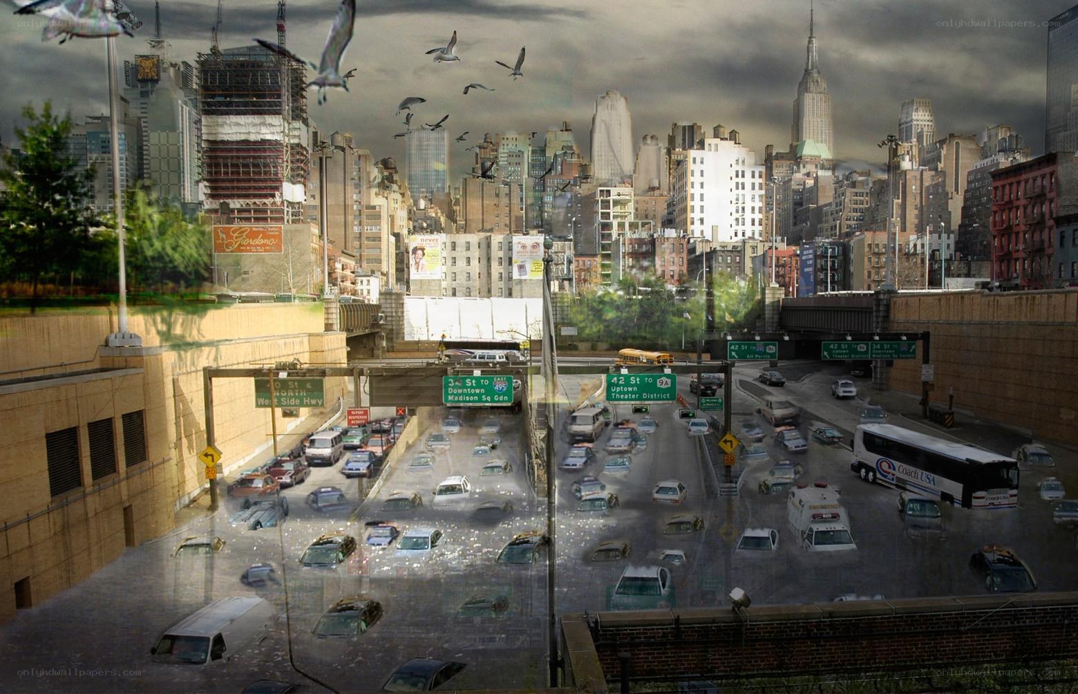 Flooded city highway scene