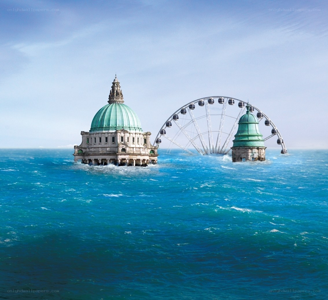 Flooded city landmarks