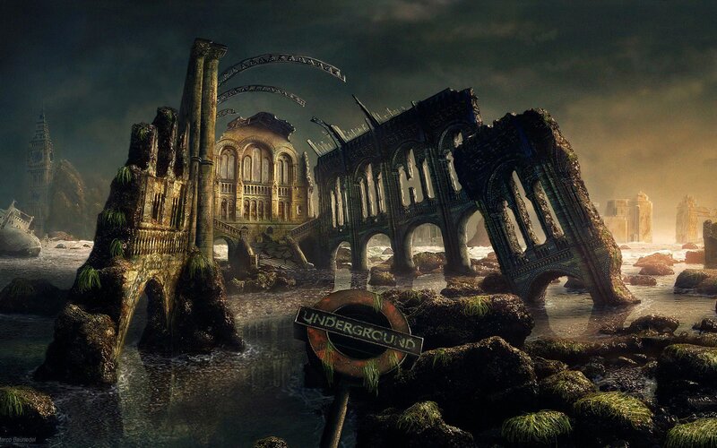 Flooded City Ruins — Green, Dramatic