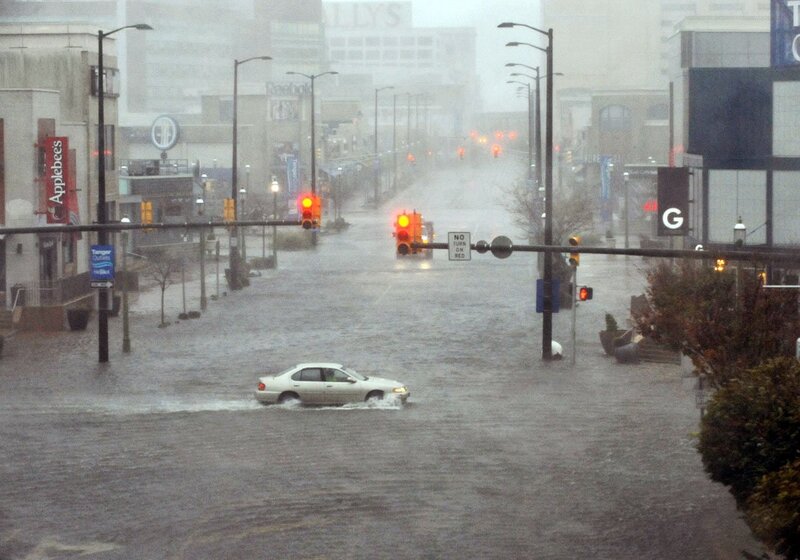 Flooded city street during storm