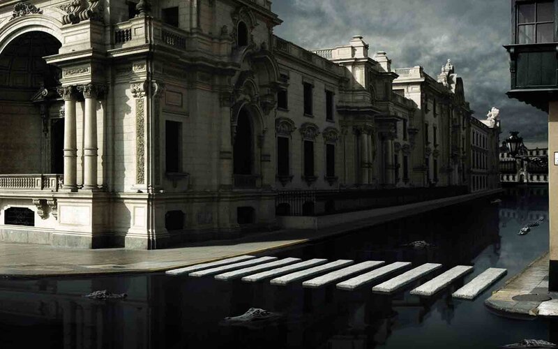Flooded City Street — Gray, Dramatic, Night, Digital Art, Building