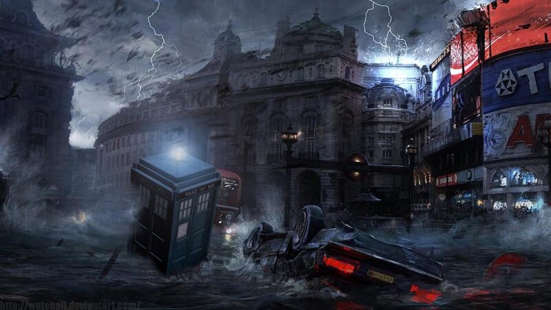 Flooded City Street — Gray, Dramatic, Night, Digital Art, Tardis