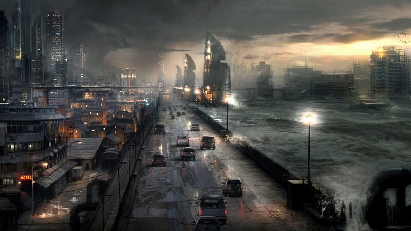Flooded City Street — Gray, Dramatic, Night, Digital Art