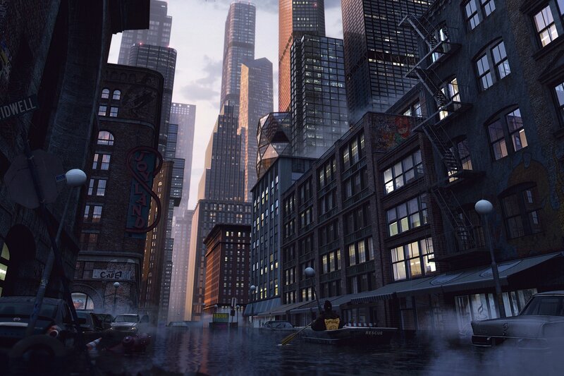 Flooded City Street — Gray, Dramatic, Sunset