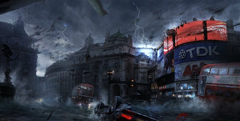 Flooded City Street — Gray, Dramatic