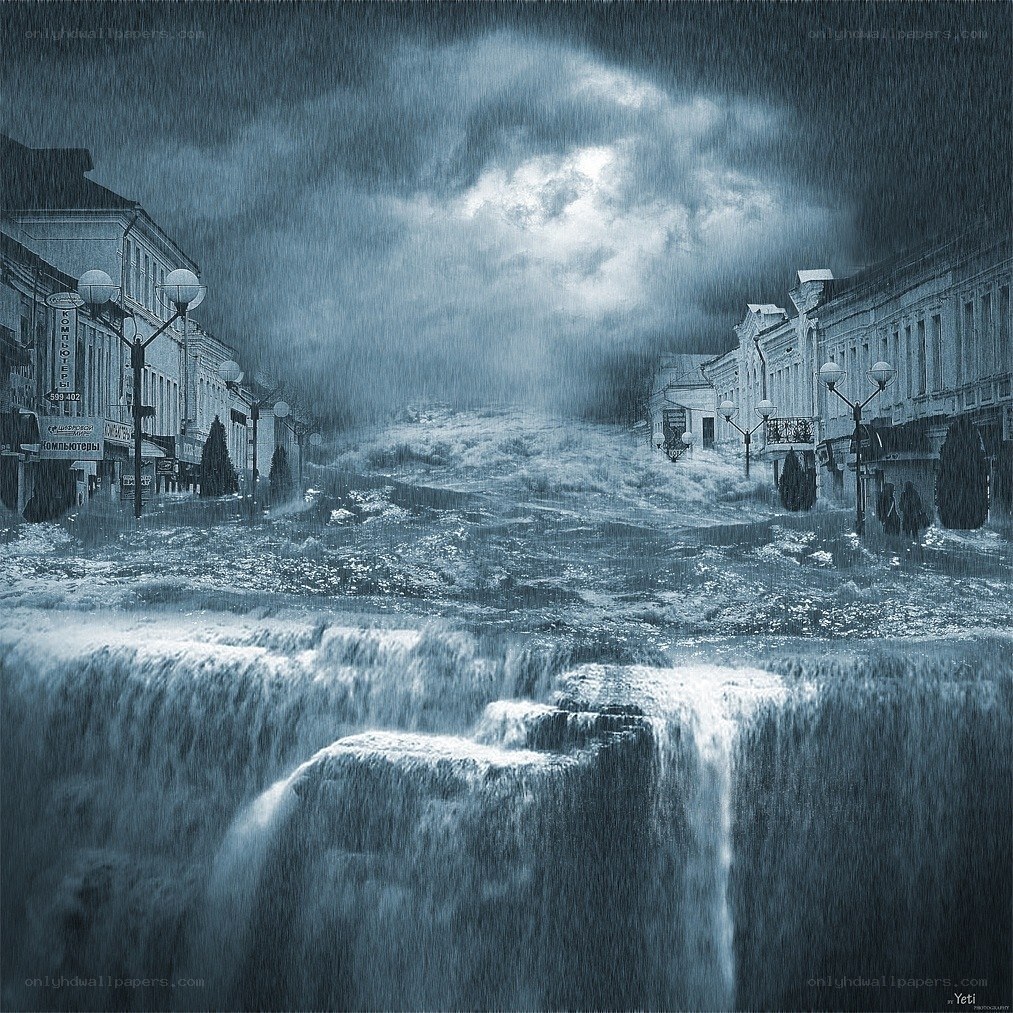 Flooded city street waterfall