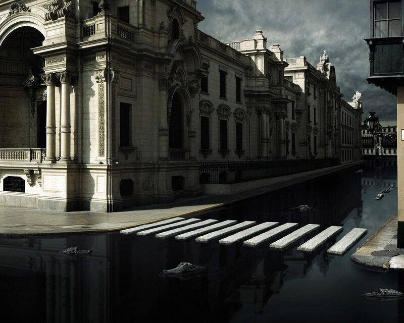 Flooded city street with crocodiles