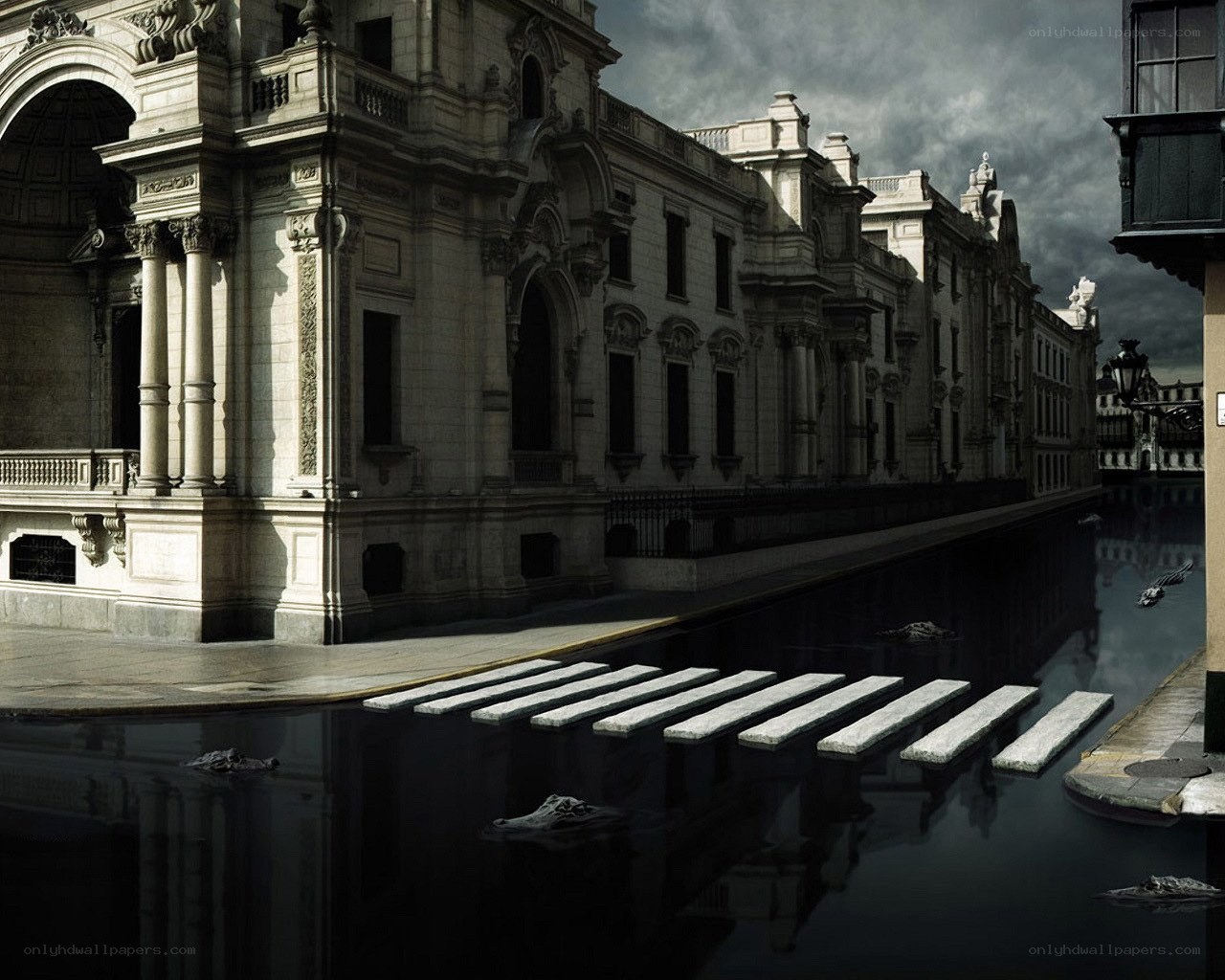 Flooded city street with crocodiles