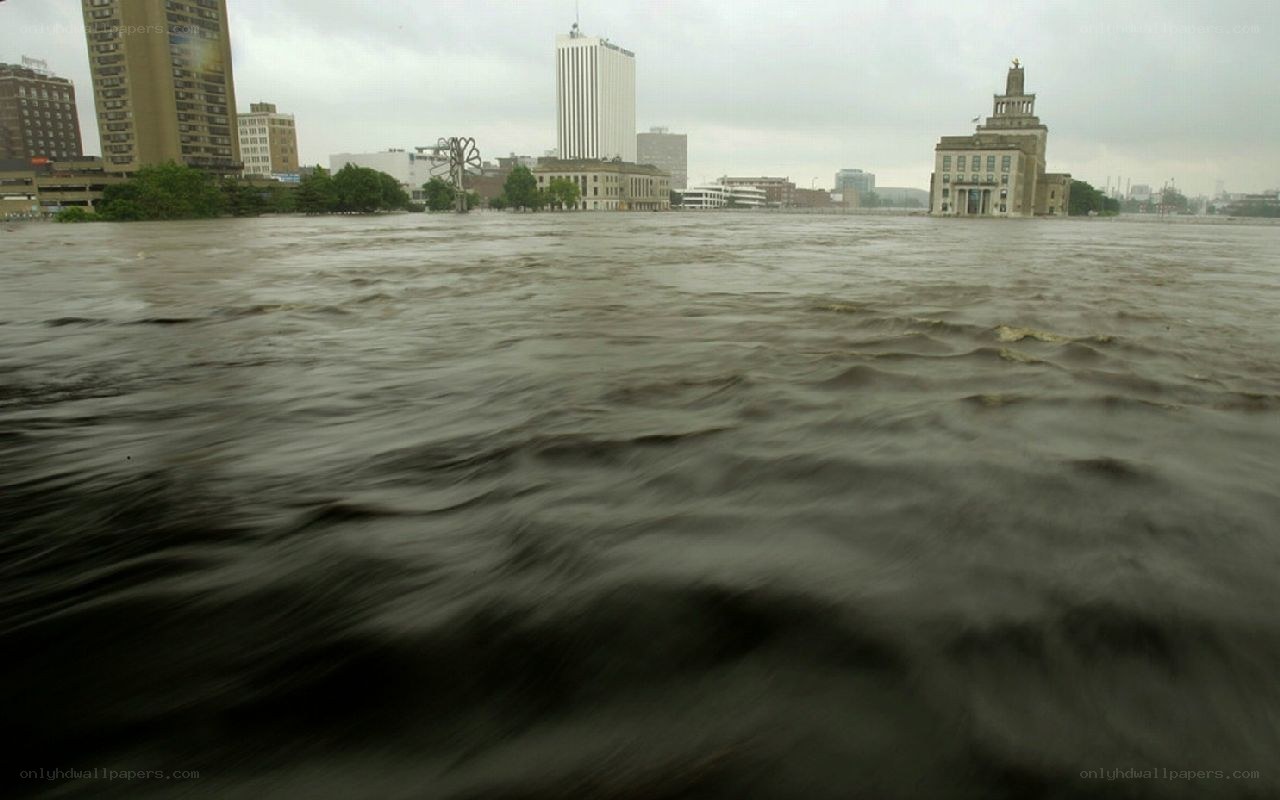 Flooded city with buildings