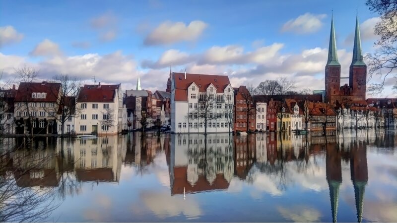 Flooded city with church spires
