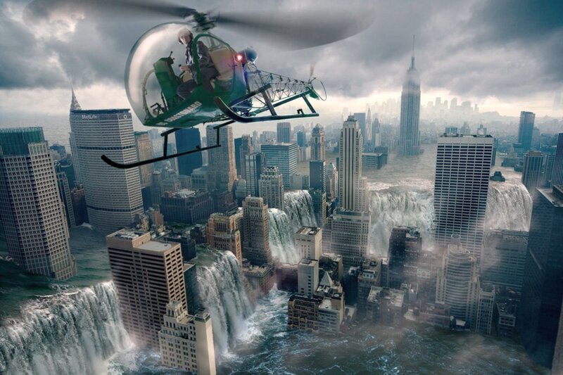 Flooded city with helicopter