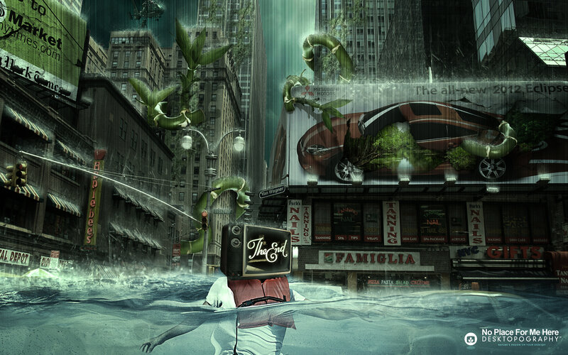 Flooded city with nature reclaiming