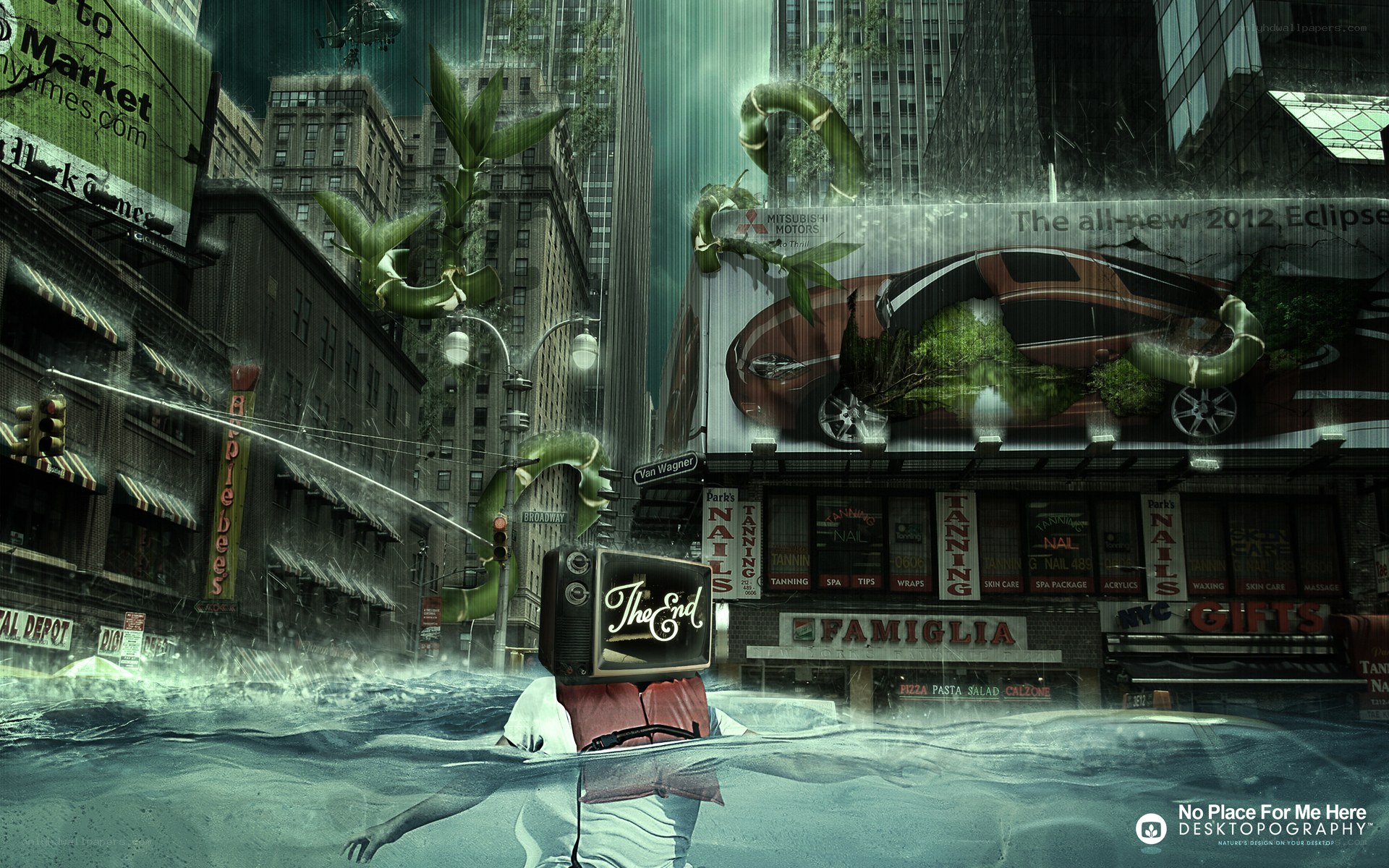 Flooded city with nature reclaiming