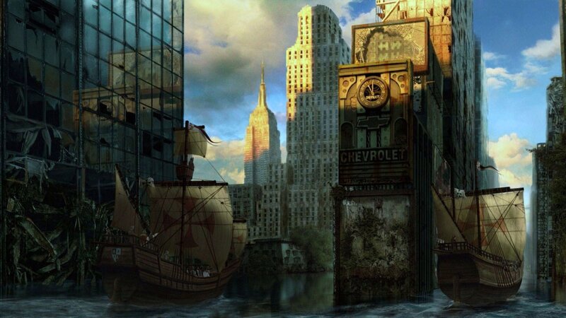 Flooded city with old ships