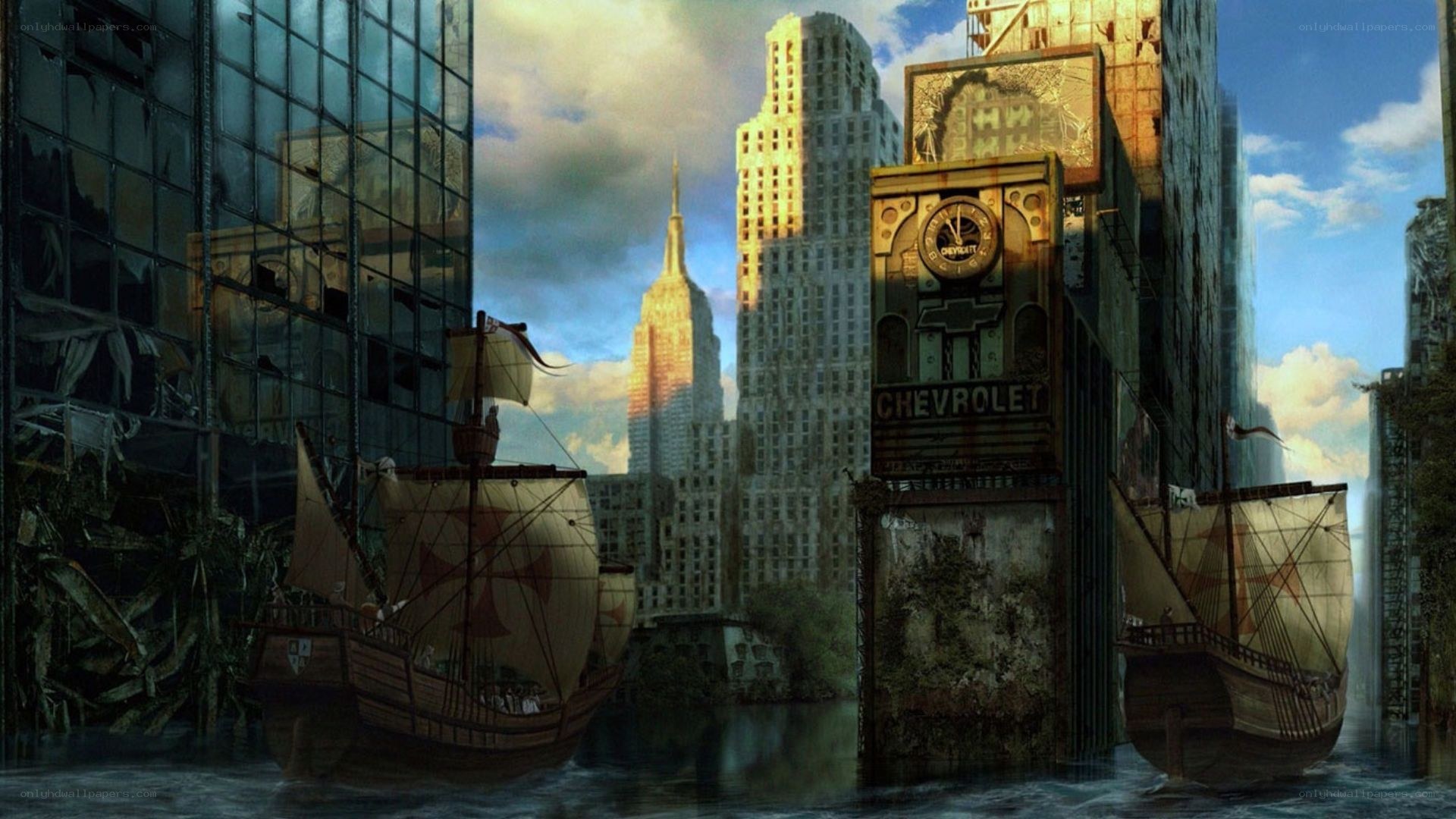 Flooded city with old ships