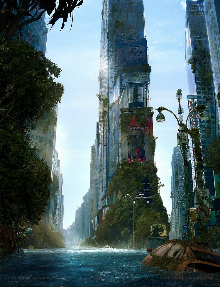 flooded city with overgrown buildings