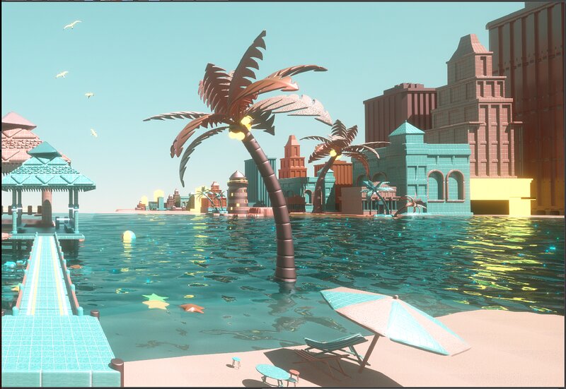 Flooded City with Palm Trees