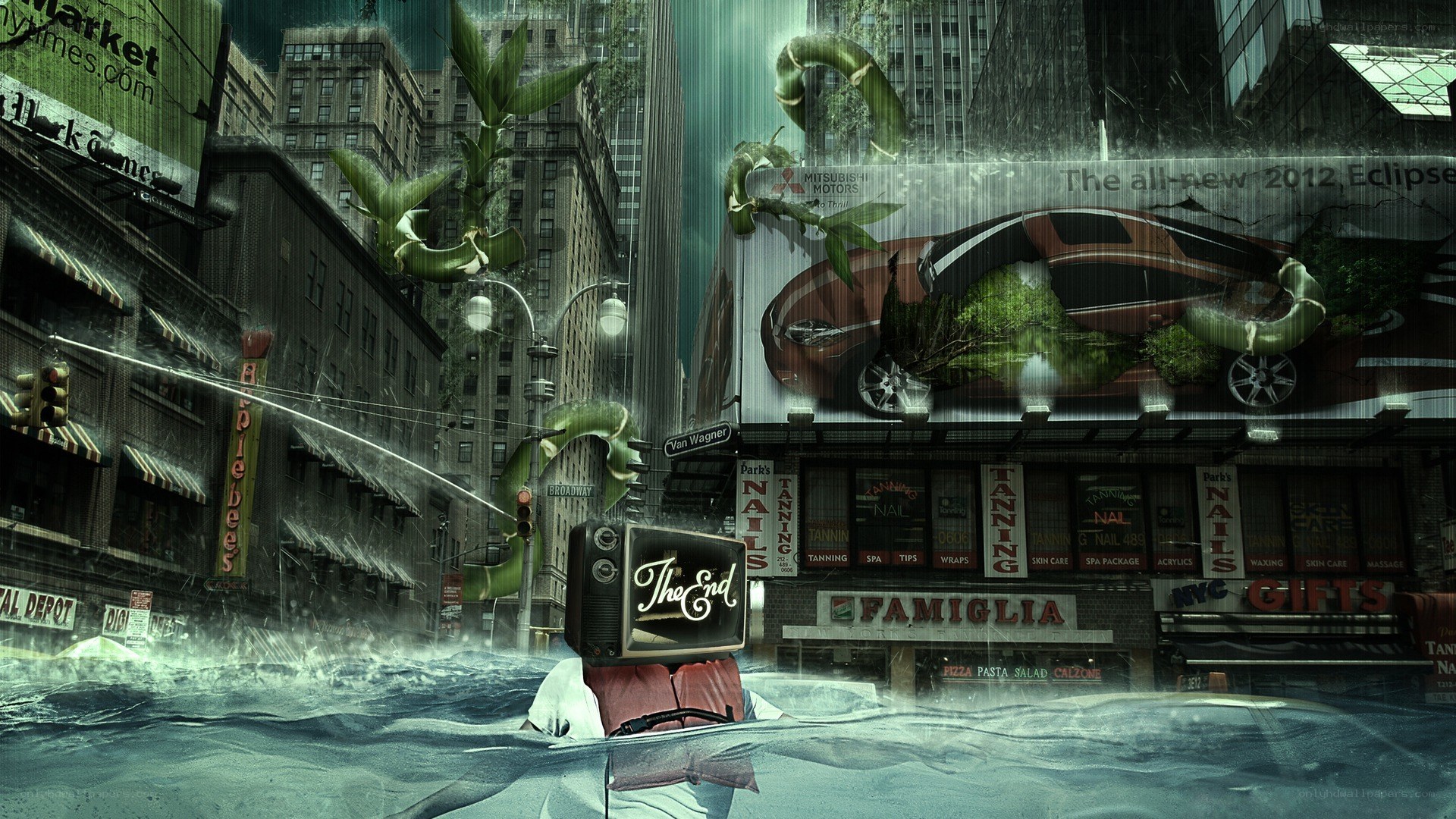 flooded city with plant growth