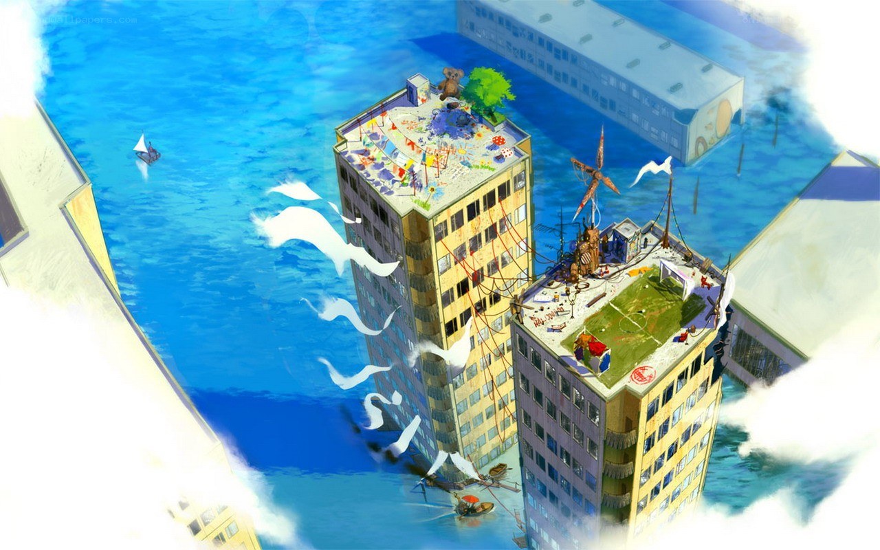 flooded city with rooftop communities
