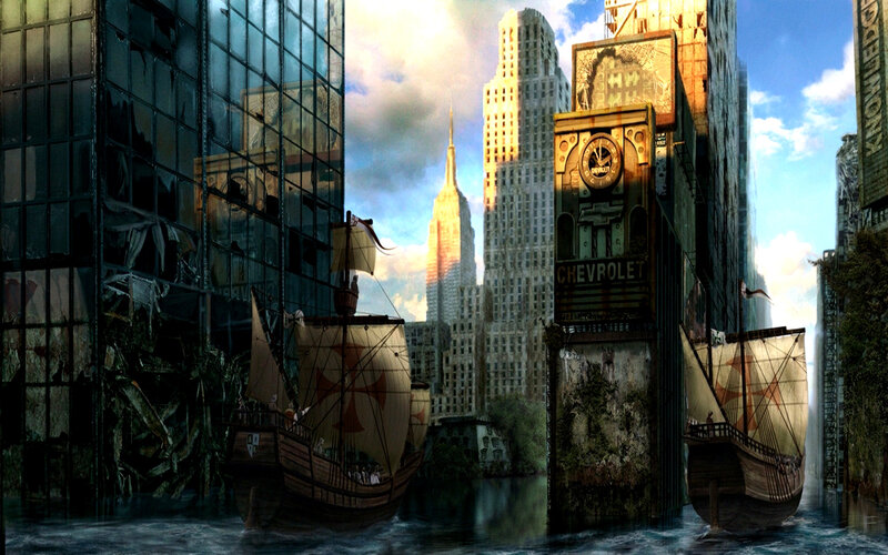 Flooded city with sailing ships