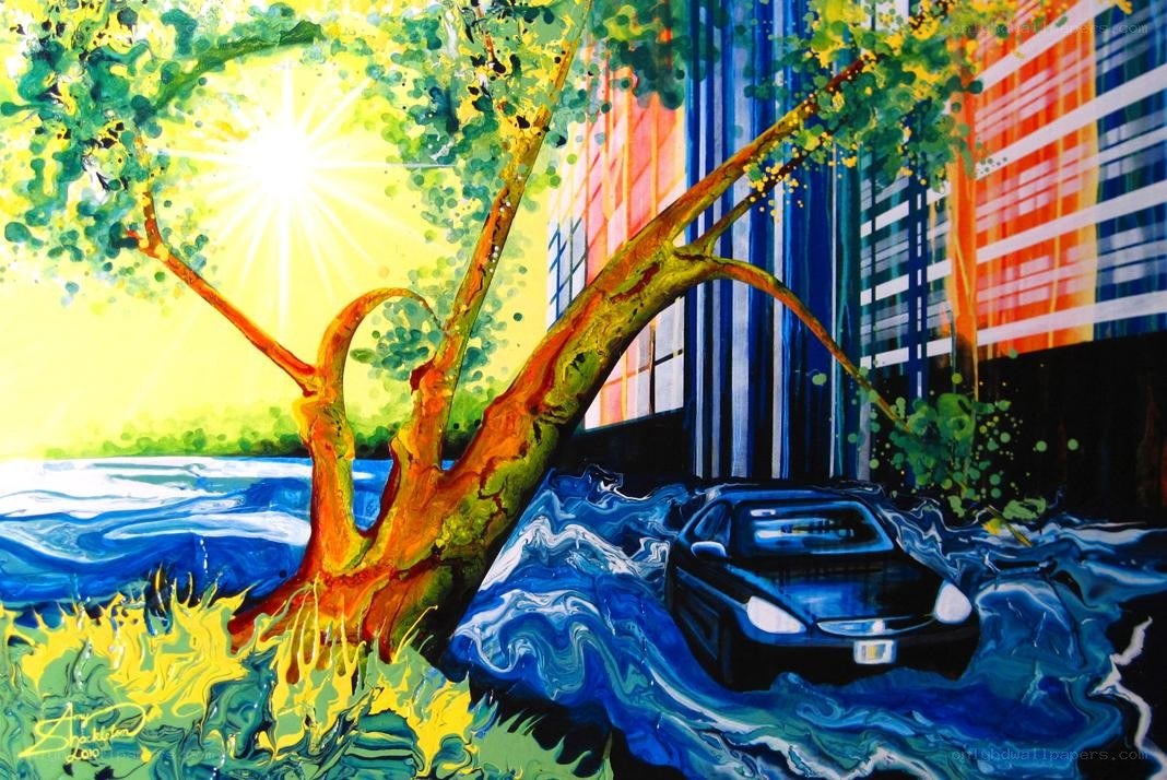 Flooded City with Tree and Car