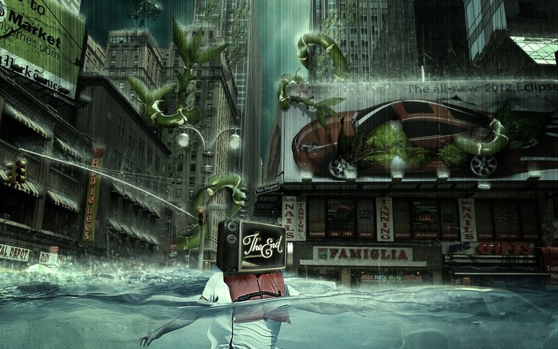 flooded city with TV head