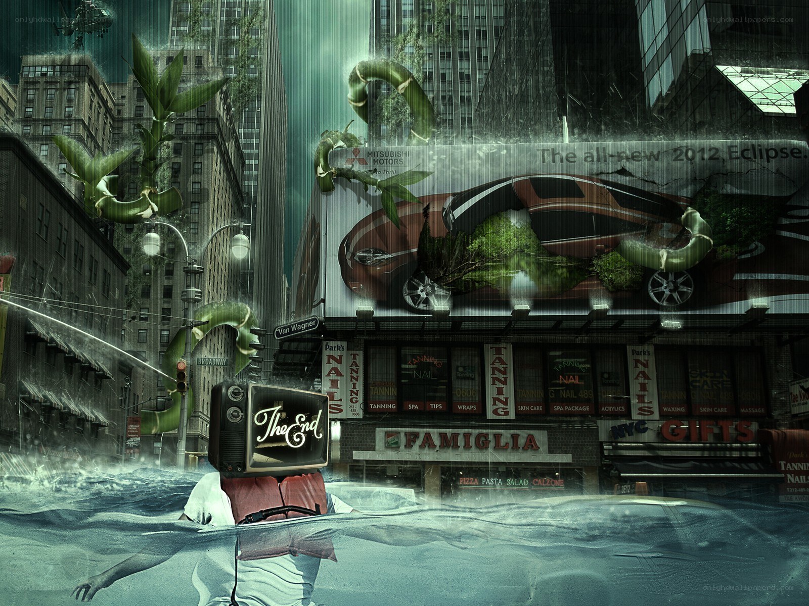 flooded city with TV head