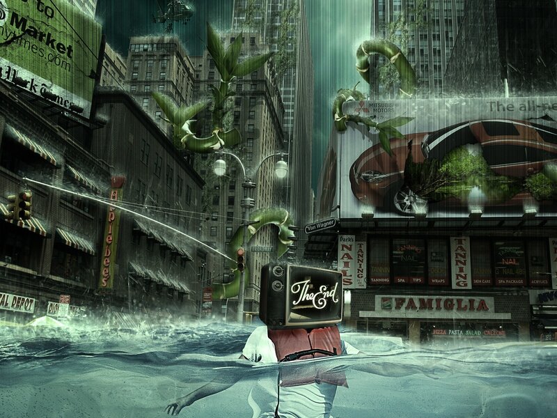 flooded city with TV head
