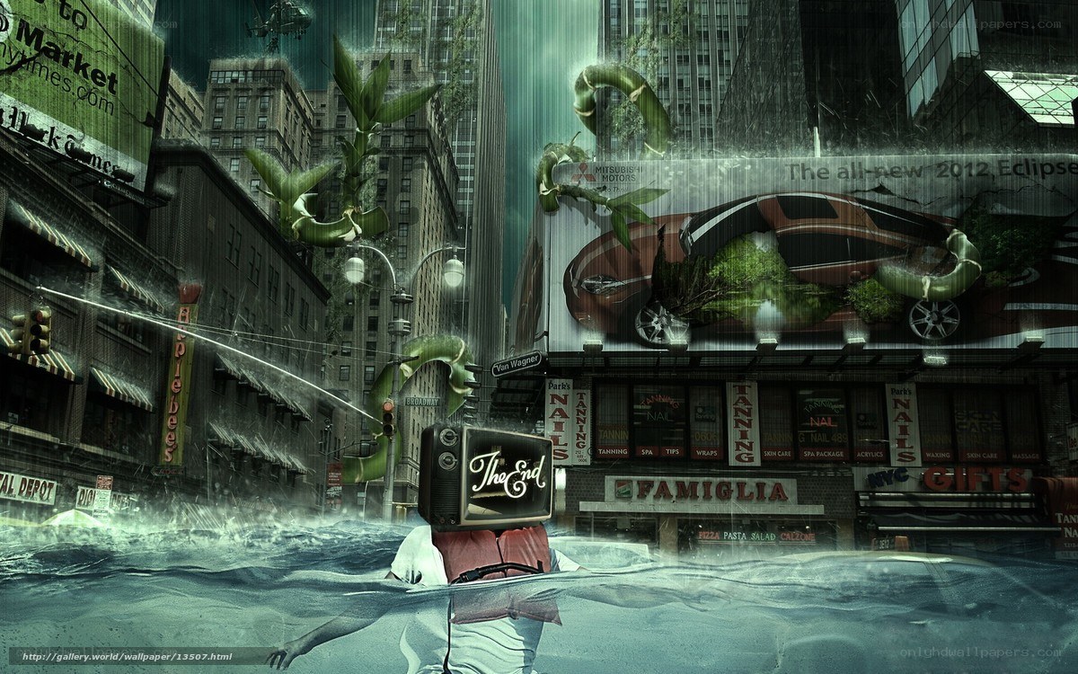 flooded city with TV head